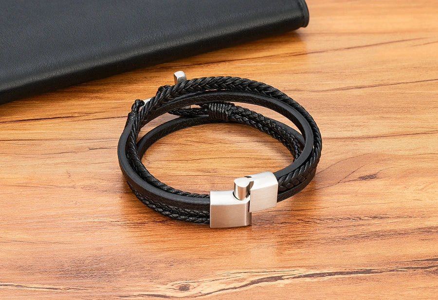 Men’s Multi-Layer Leather Cross Bracelet – Stainless Steel Christian Wristband