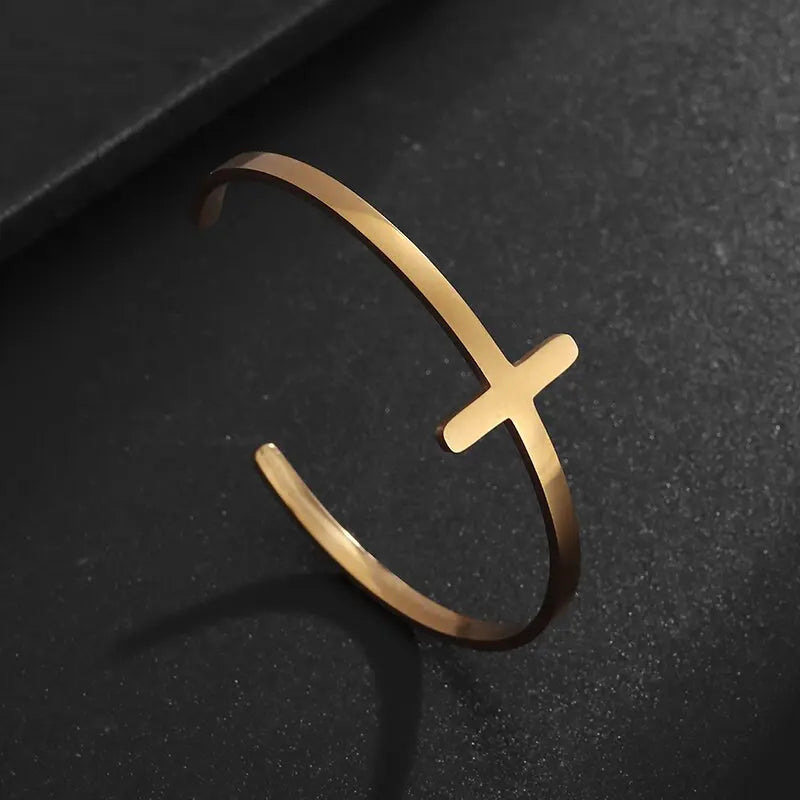 Stainless Steel Cross Cuff Bracelet – Unisex Christian Prayer Jewelry