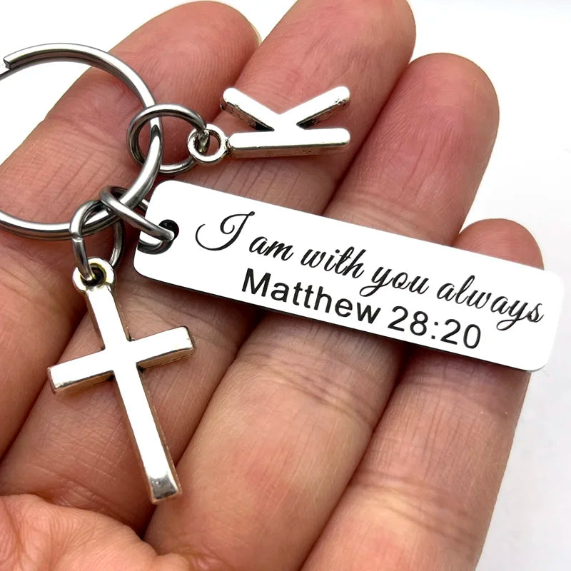 Matthew 28:20 Keychain with Initial – Stainless Steel Christian Scripture Key Ring (Silver)
