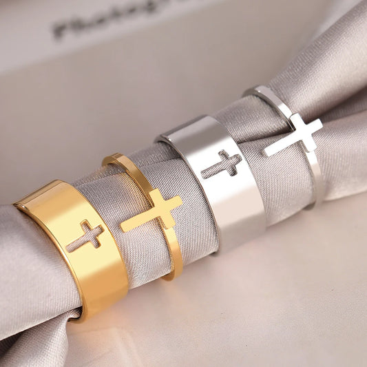 2-Piece Adjustable Stainless Steel Cross Ring Set - 18K Gold Plated