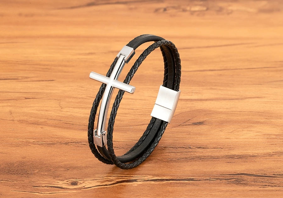 Men’s Multi-Layer Leather Cross Bracelet – Stainless Steel Christian Wristband