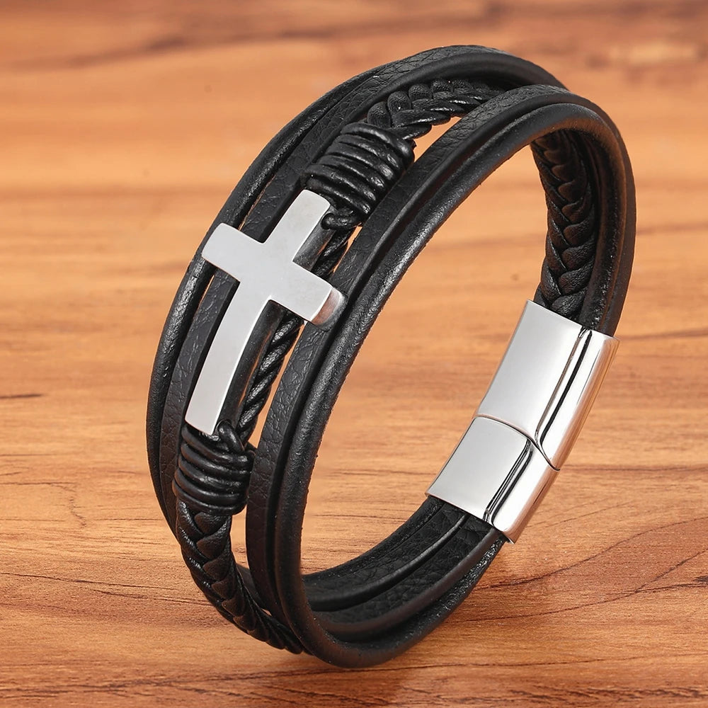 Men’s Multi-Layer Leather Cross Bracelet – Stainless Steel Christian Wristband