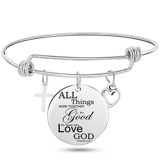Christian Cross Bible Verse Bangle – Adjustable Stainless Steel Faith Bracelet