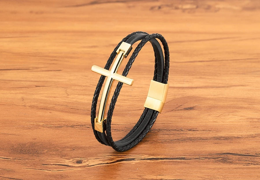 Men’s Multi-Layer Leather Cross Bracelet – Stainless Steel Christian Wristband