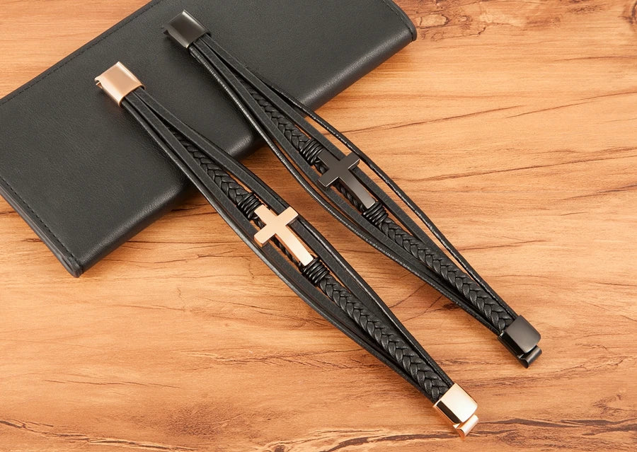 Men’s Multi-Layer Leather Cross Bracelet – Stainless Steel Christian Wristband