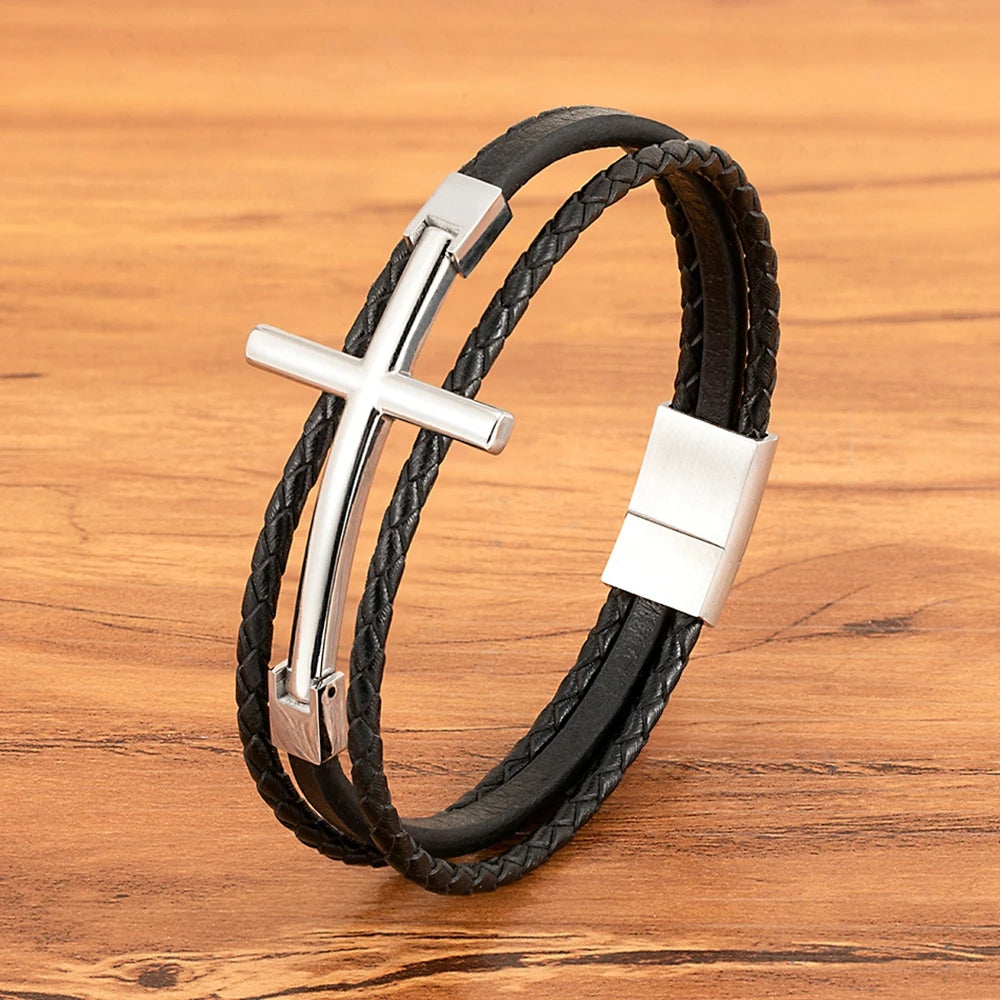 Men’s Multi-Layer Leather Cross Bracelet – Stainless Steel Christian Wristband