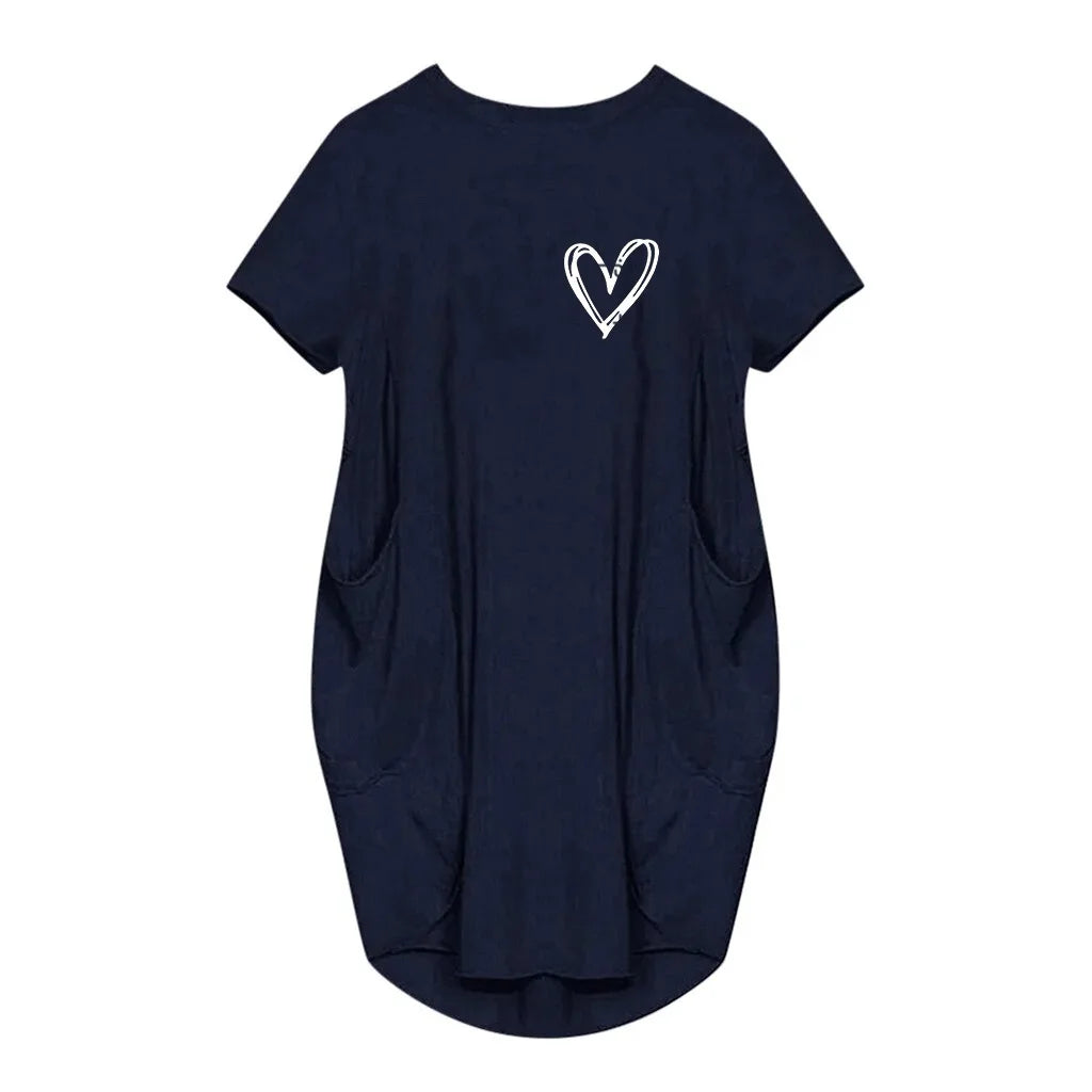 Heart Emblem Dress – Women’s Casual Above-Knee Loose Fit Shirt Dress
