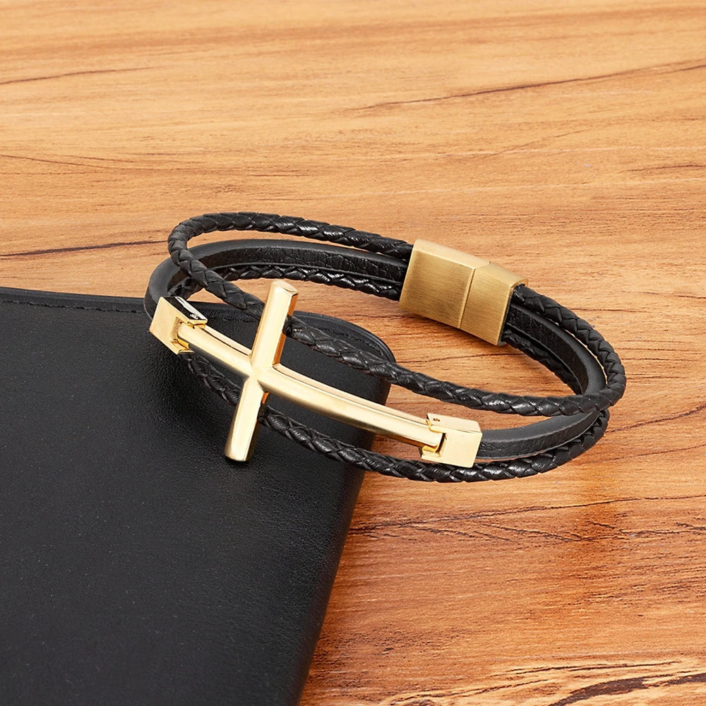 Men’s Multi-Layer Leather Cross Bracelet – Stainless Steel Christian Wristband