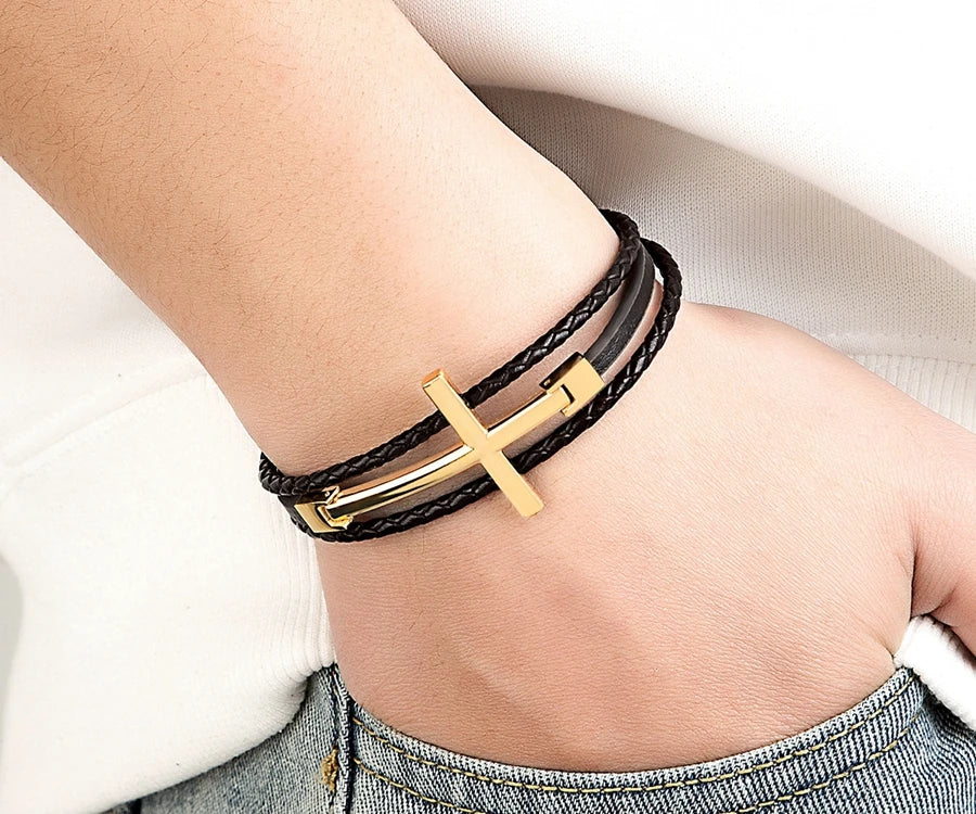Men’s Multi-Layer Leather Cross Bracelet – Stainless Steel Christian Wristband