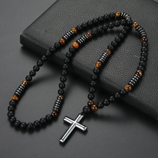 8mm Matte Black Natural Stone & Yellow Tiger Eye Cross Pendant Necklace