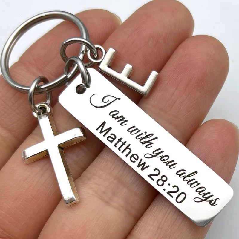Matthew 28:20 Keychain with Initial – Stainless Steel Christian Scripture Key Ring (Silver)