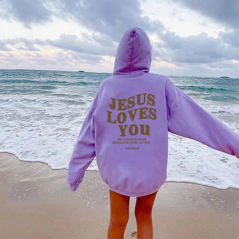 Women Jesus Loves You Oversized Graphic Hoodie