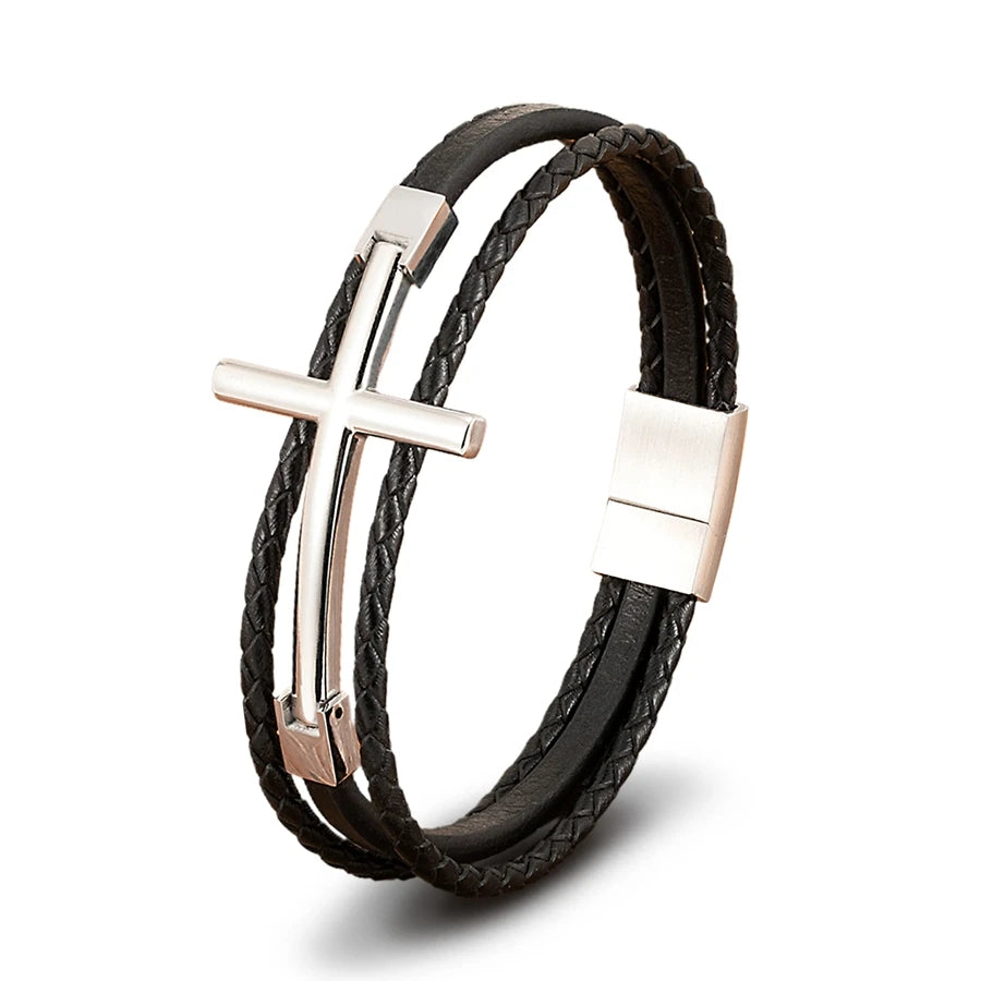 Men’s Multi-Layer Leather Cross Bracelet – Stainless Steel Christian Wristband