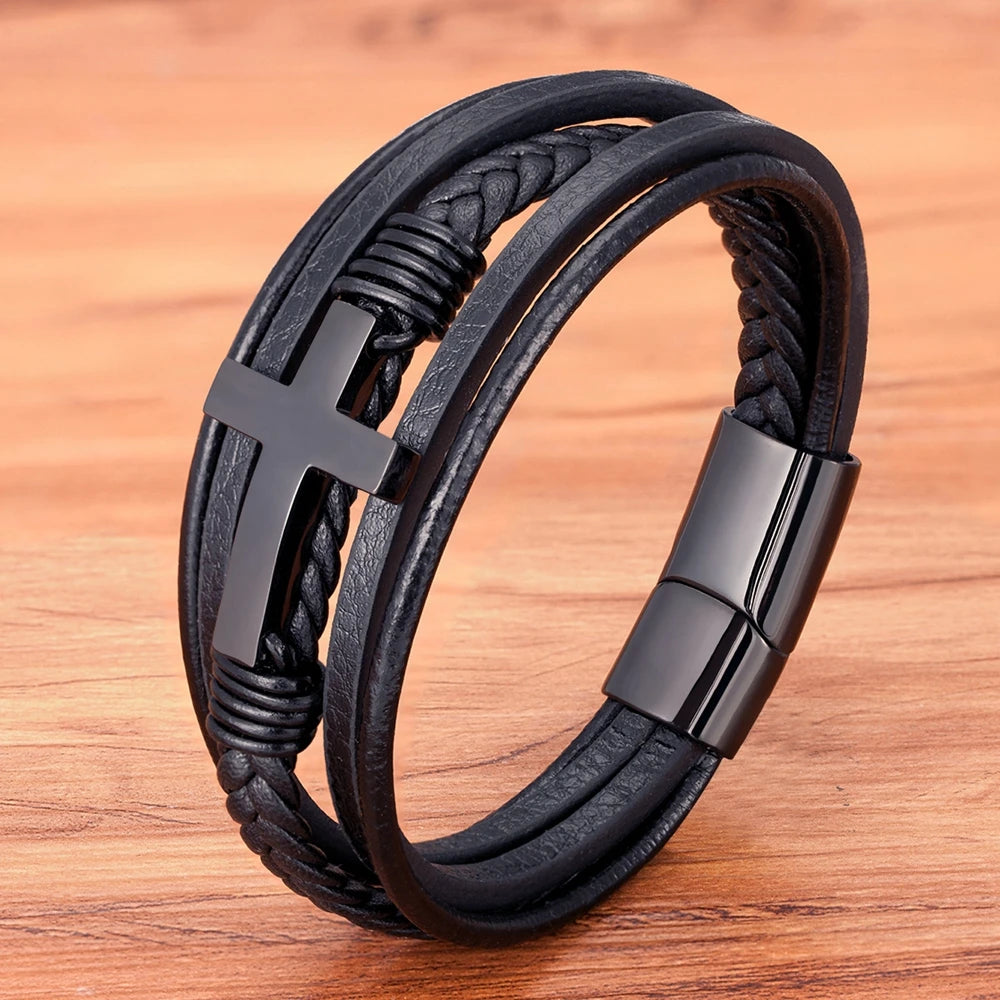 Men’s Multi-Layer Leather Cross Bracelet – Stainless Steel Christian Wristband