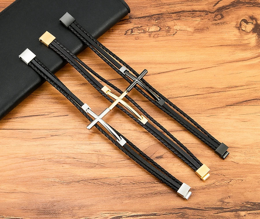 Men’s Multi-Layer Leather Cross Bracelet – Stainless Steel Christian Wristband