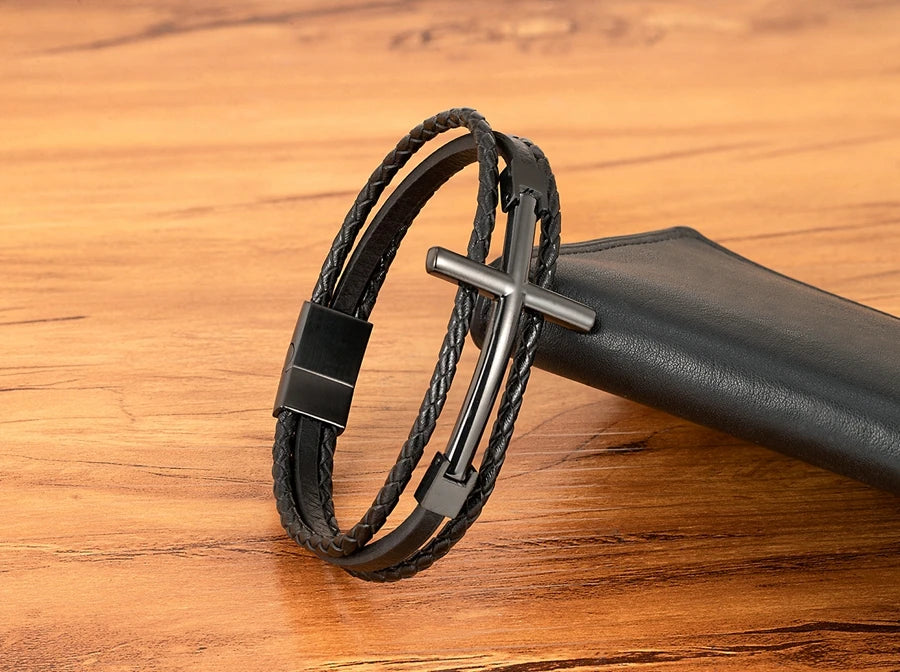 Men’s Multi-Layer Leather Cross Bracelet – Stainless Steel Christian Wristband