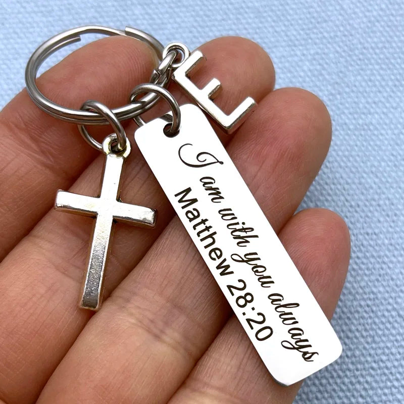 Matthew 28:20 Keychain with Initial – Stainless Steel Christian Scripture Key Ring (Silver)