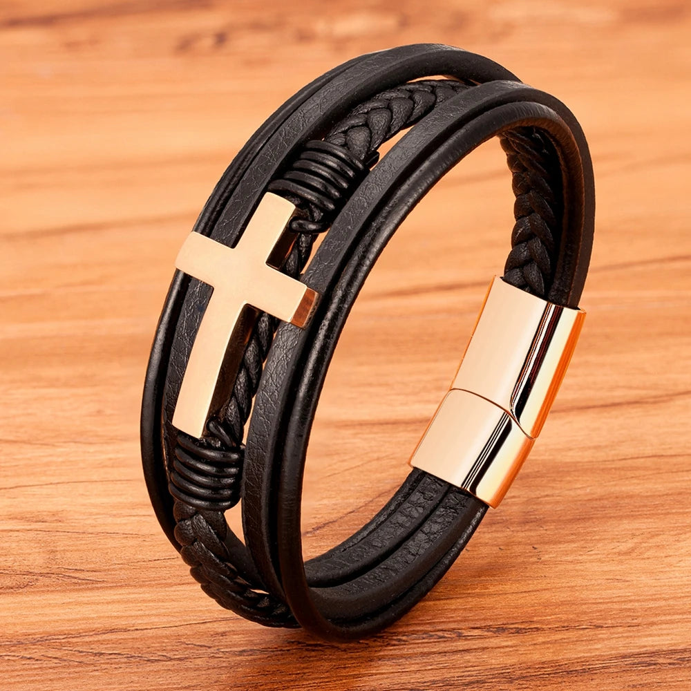 Men’s Multi-Layer Leather Cross Bracelet – Stainless Steel Christian Wristband