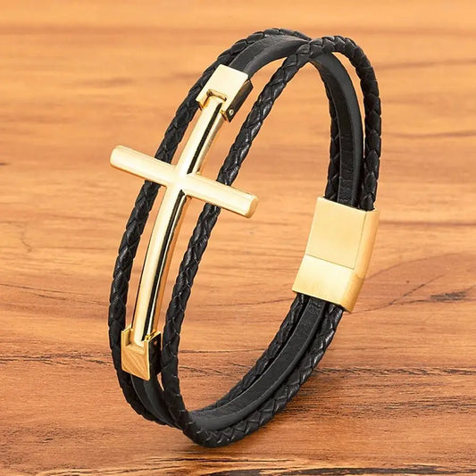 Men’s Multi-Layer Leather Cross Bracelet – Stainless Steel Christian Wristband