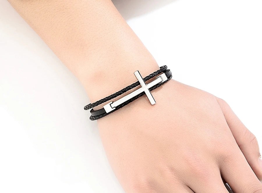 Men’s Multi-Layer Leather Cross Bracelet – Stainless Steel Christian Wristband