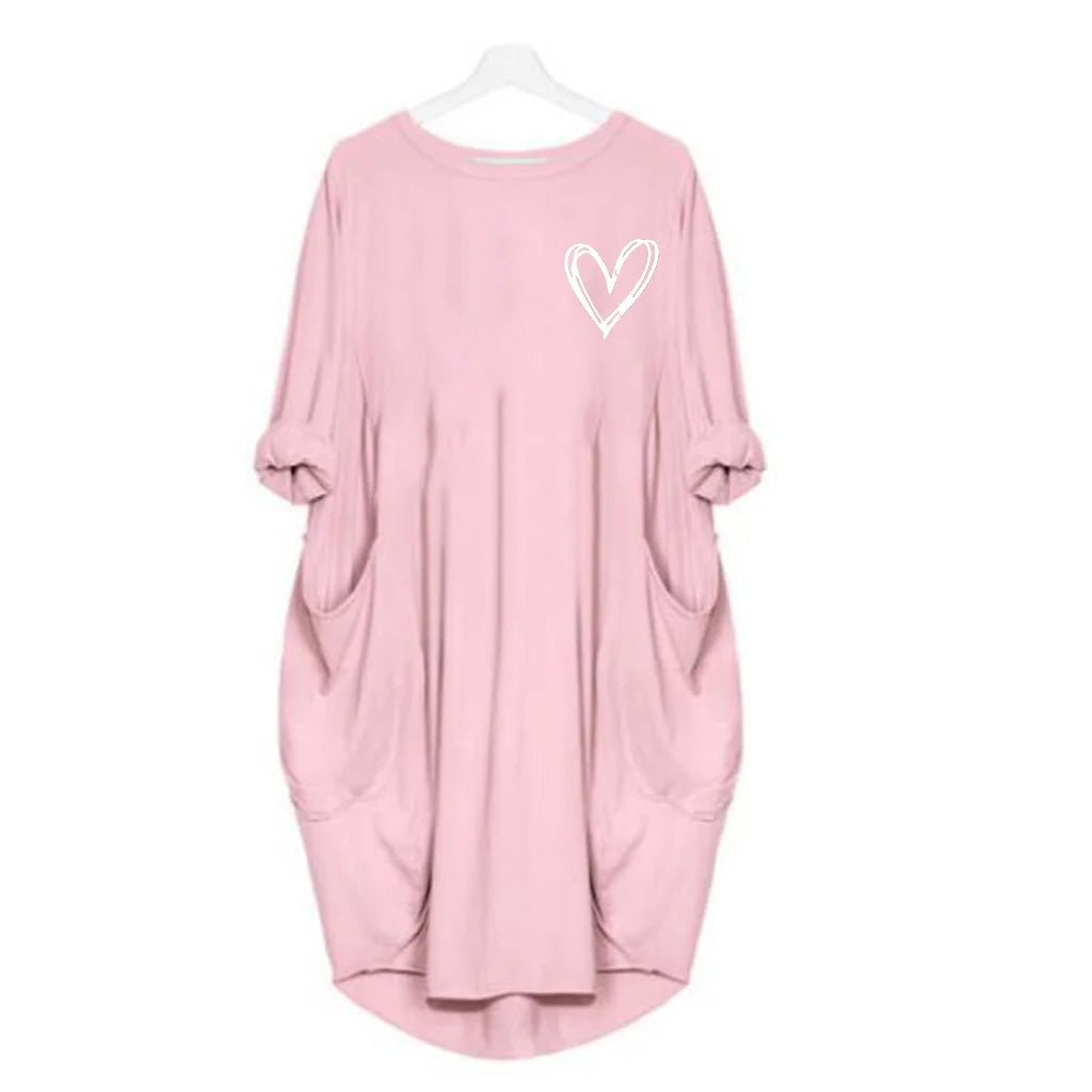 Heart Emblem Dress – Women’s Casual Above-Knee Loose Fit Shirt Dress