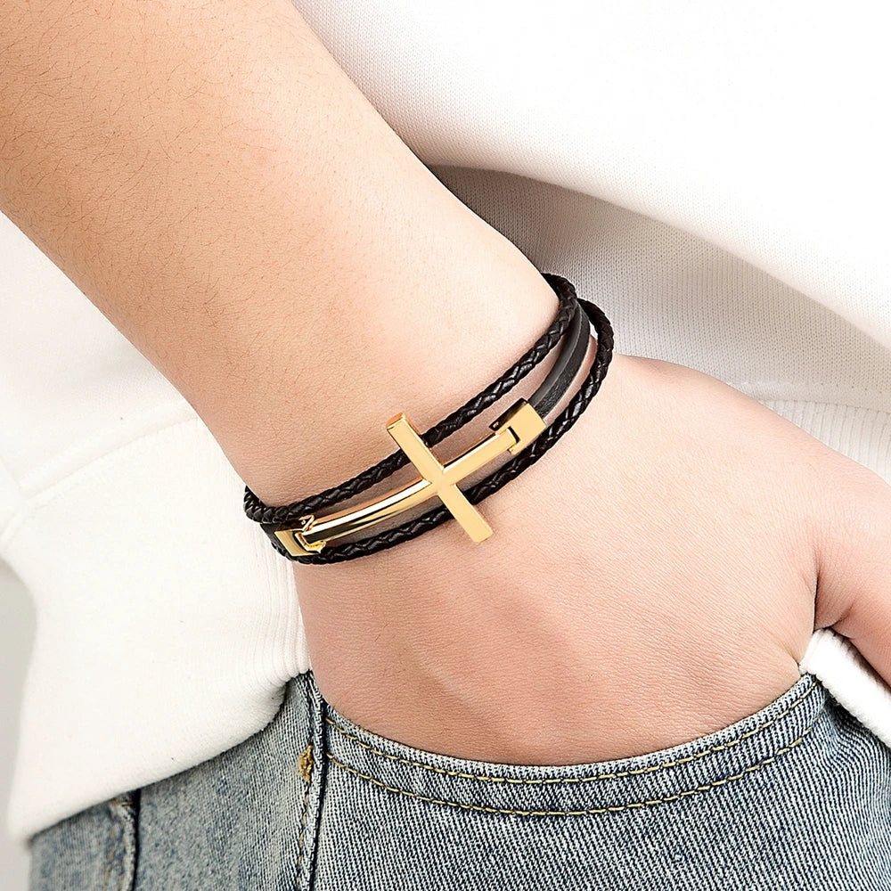 Men’s Multi-Layer Leather Cross Bracelet – Stainless Steel Christian Wristband