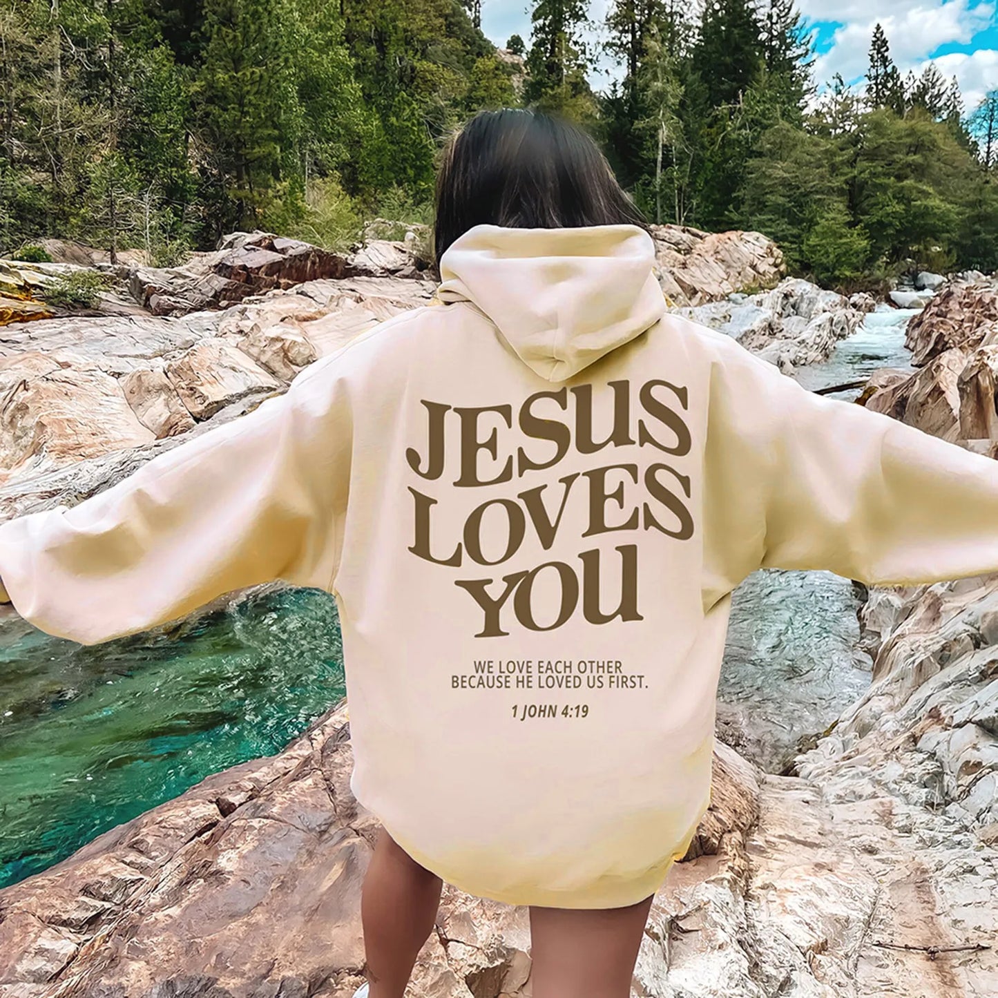 Women Jesus Loves You Oversized Graphic Hoodie