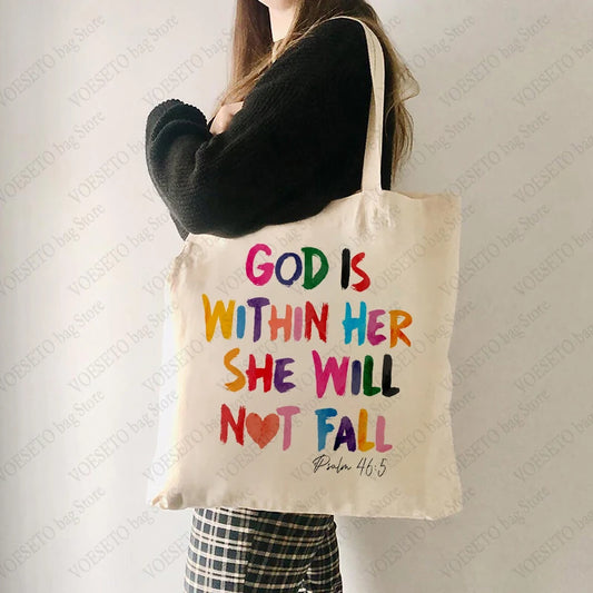 God Is Within Her She Will Not Fall Tote Bag – Canvas Shoulder Bag for Women