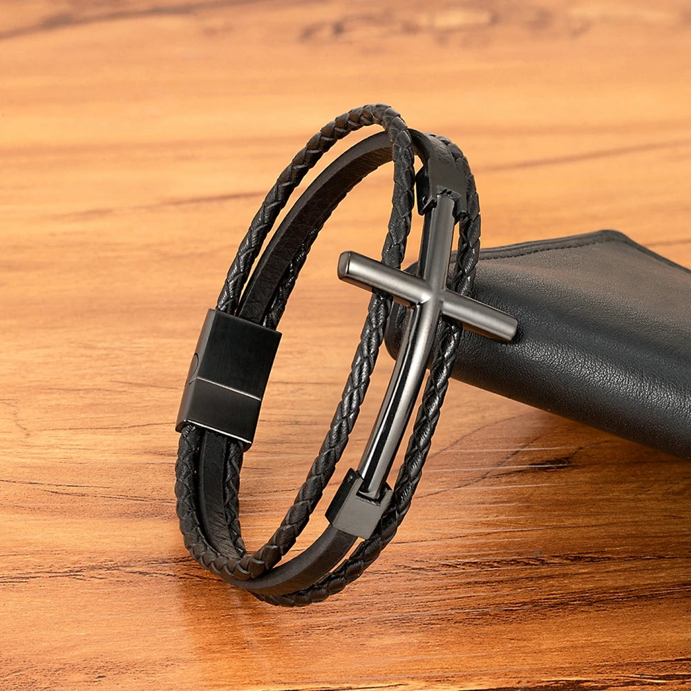 Men’s Multi-Layer Leather Cross Bracelet – Stainless Steel Christian Wristband