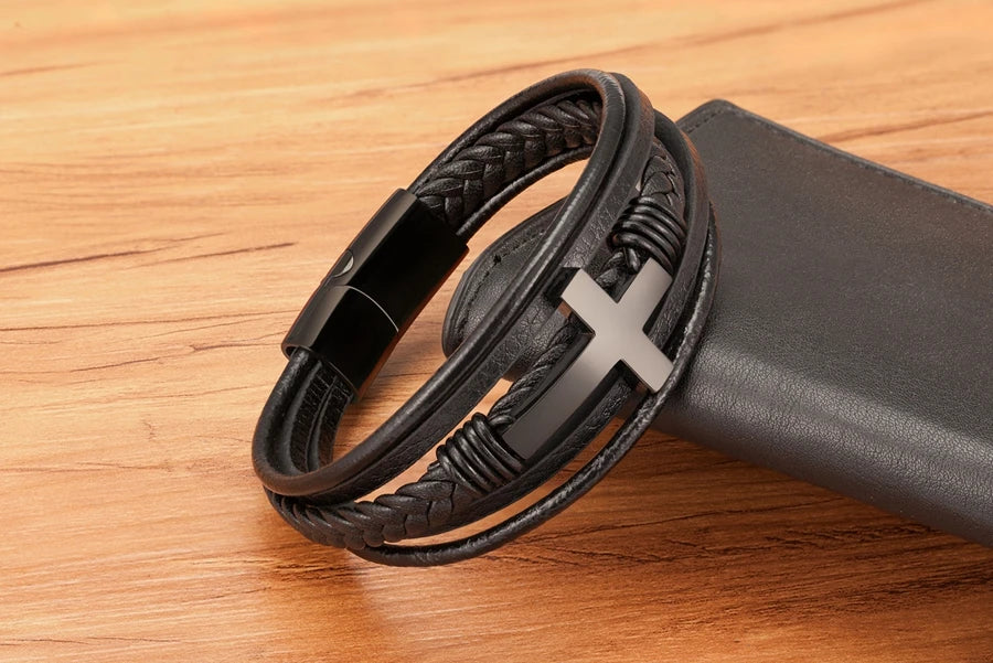 Men’s Multi-Layer Leather Cross Bracelet – Stainless Steel Christian Wristband