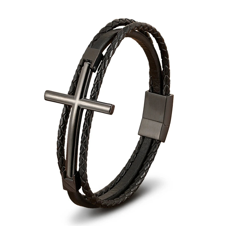 Men’s Multi-Layer Leather Cross Bracelet – Stainless Steel Christian Wristband