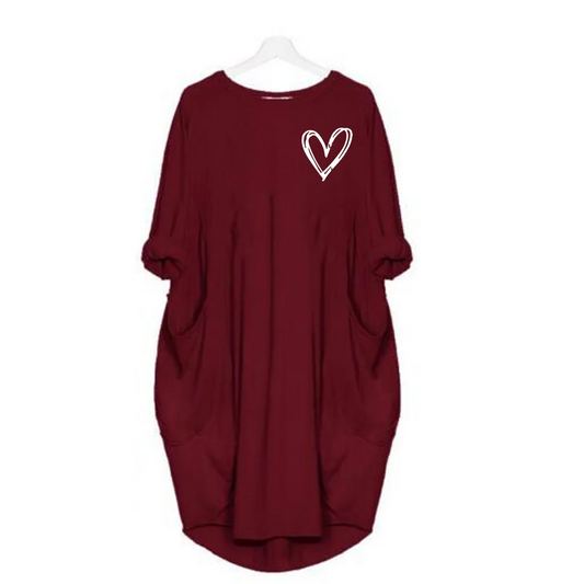 Heart Emblem Dress – Women’s Casual Above-Knee Loose Fit Shirt Dress