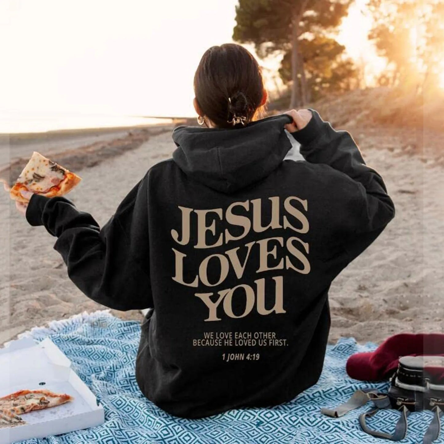 Women Jesus Loves You Oversized Graphic Hoodie