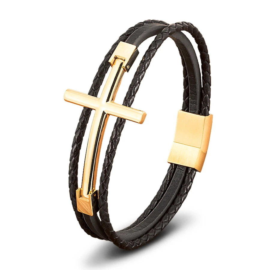 Men’s Multi-Layer Leather Cross Bracelet – Stainless Steel Christian Wristband