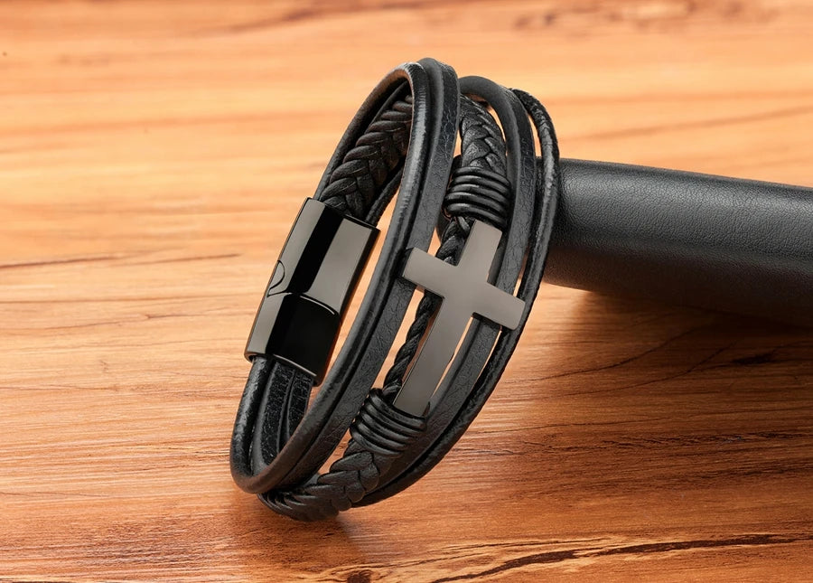 Men’s Multi-Layer Leather Cross Bracelet – Stainless Steel Christian Wristband