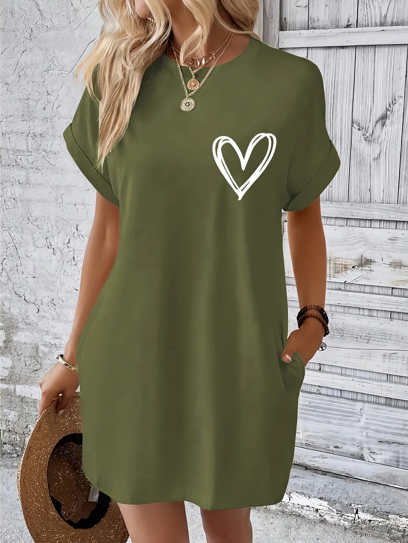 Heart Emblem Dress – Women’s Casual Above-Knee Loose Fit Shirt Dress