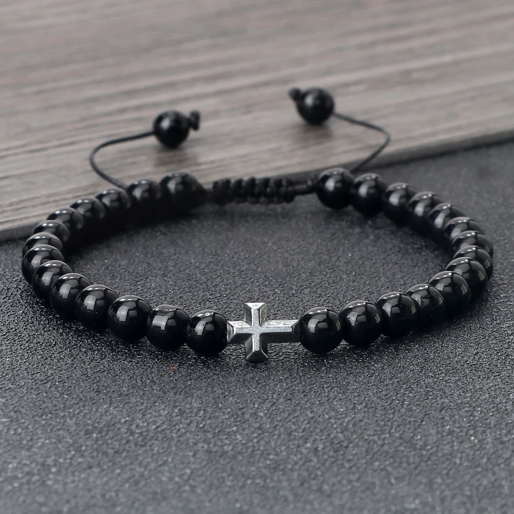 Cross Charm Beaded Bracelet – Natural Stone Strand Bracelet with Christian Symbol