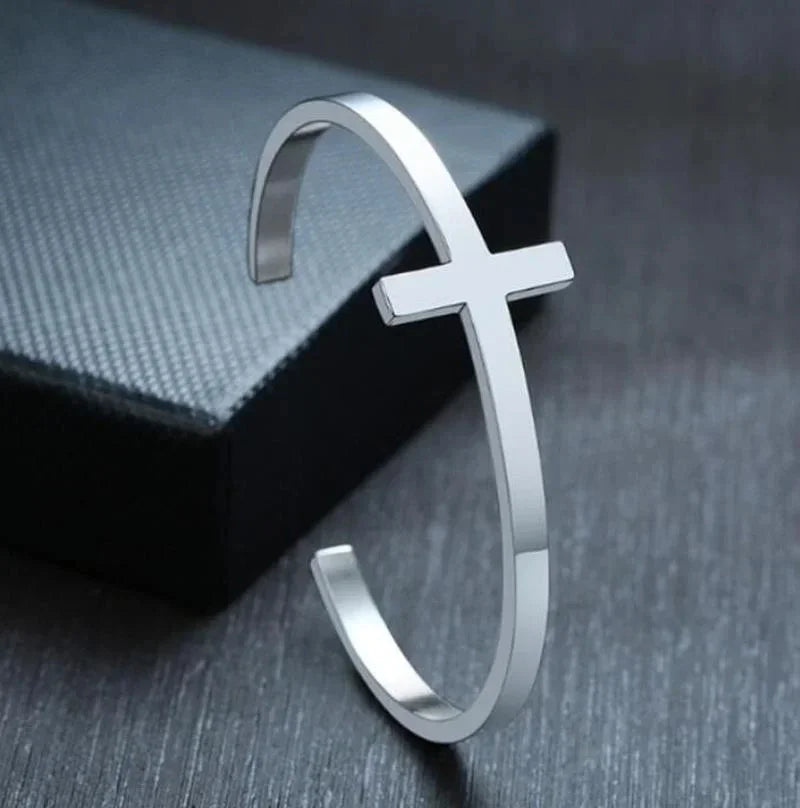 Stainless Steel Cross Cuff Bracelet – Unisex Christian Prayer Jewelry