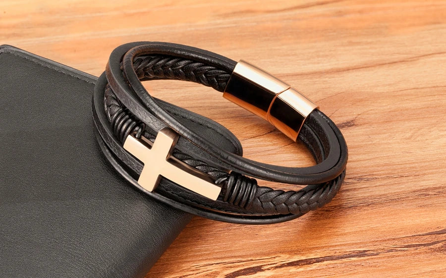 Men’s Multi-Layer Leather Cross Bracelet – Stainless Steel Christian Wristband