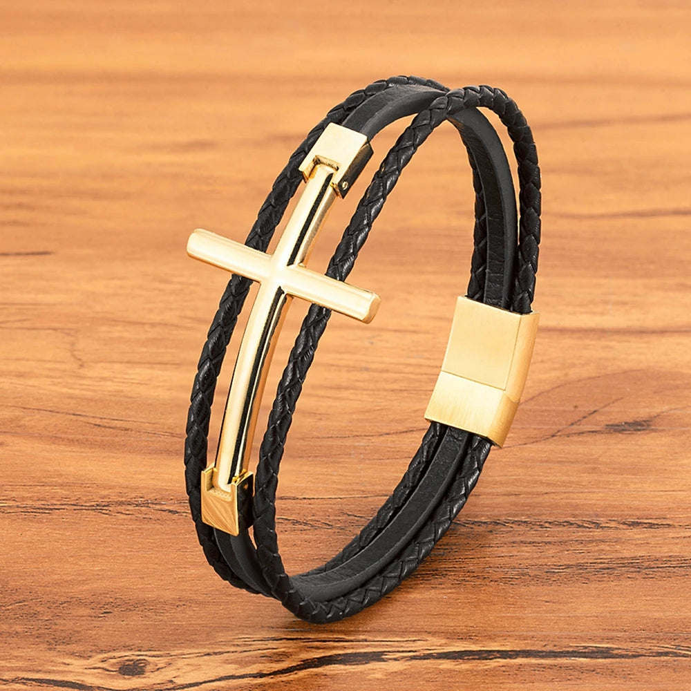 Men’s Multi-Layer Leather Cross Bracelet – Stainless Steel Christian Wristband